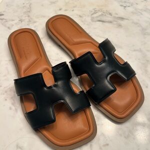 Black Leather Slide Sandals